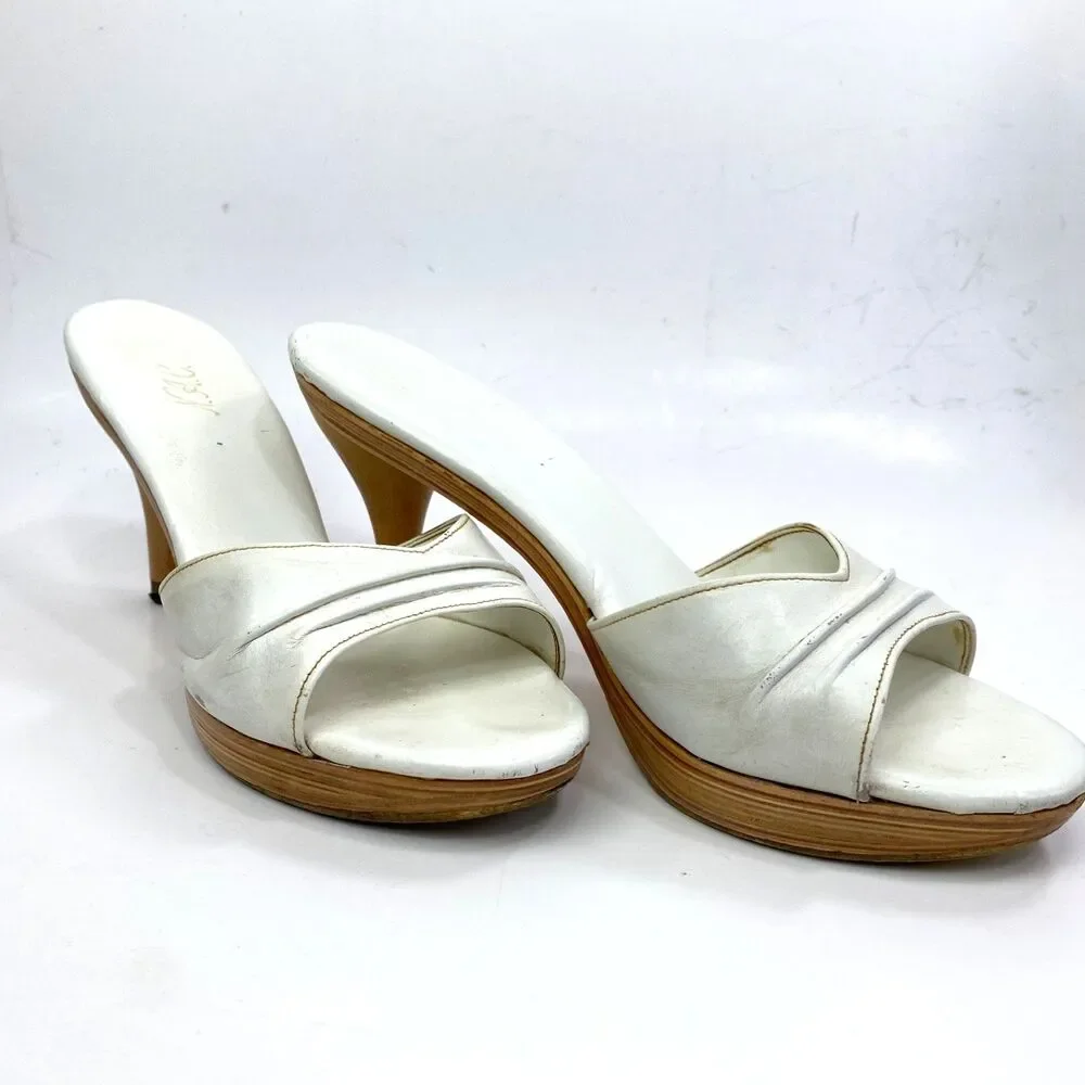 Vintage Made In Japan White Slip-On Heel Shoes 8.5 Open Toe Wood Lounge Resort